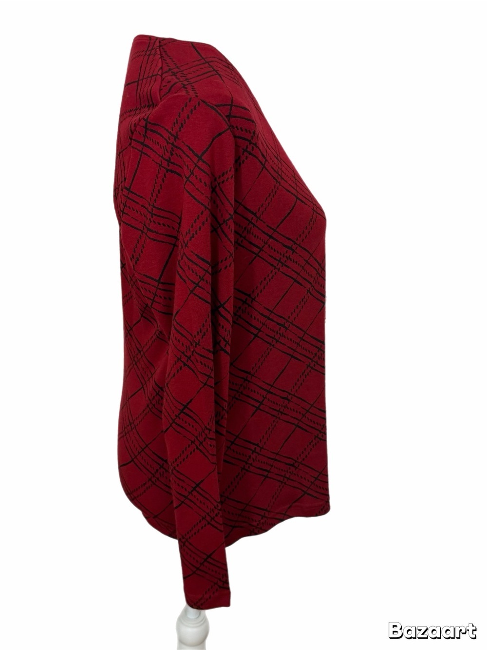 Karen Scott Size Medium Red Black Plaid Print Long Sleeve Stretch Top - Picture 3 of 6